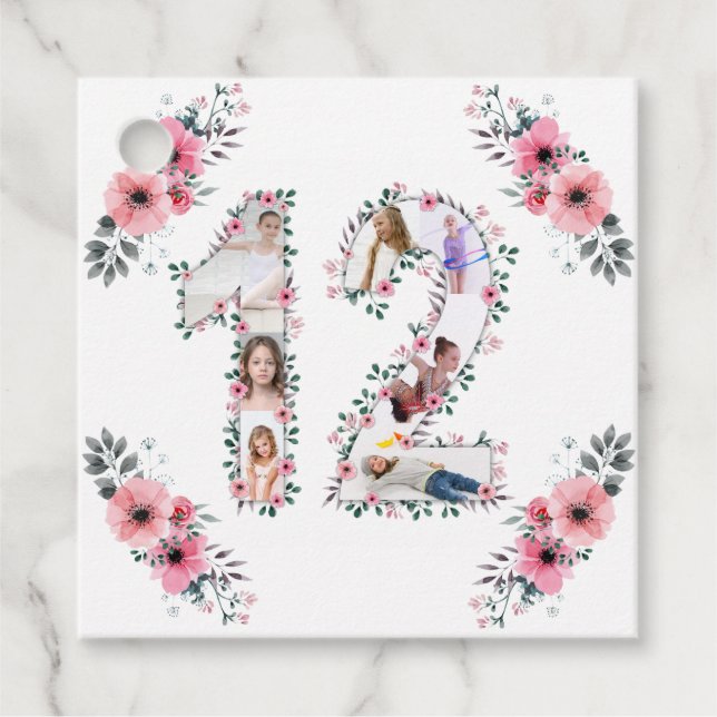 Étiquettes Cadeau 12e Fille Anniversaire Photo Collage Rose Fleur Bl (Devant)