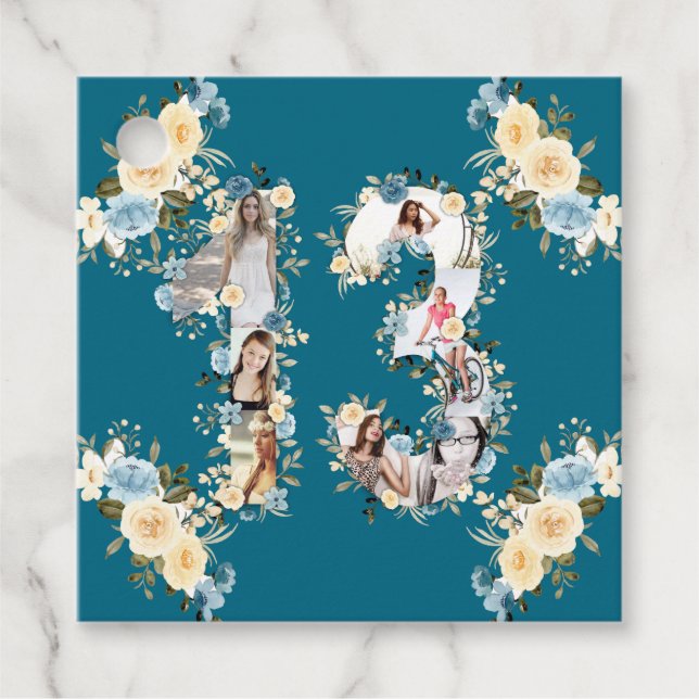 Étiquettes Cadeau 13e anniversaire Turquoise Fleur photo Collage Jau (Devant)