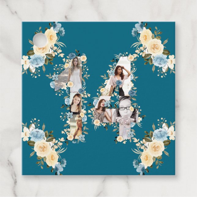 Étiquettes Cadeau 14e anniversaire Turquoise photo Collage Fleur Jau (Devant)