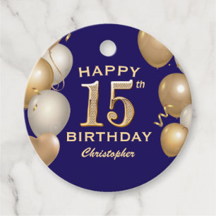Étiquettes Cadeau 15e anniversaire de la fête Marine Bleu et Ballons