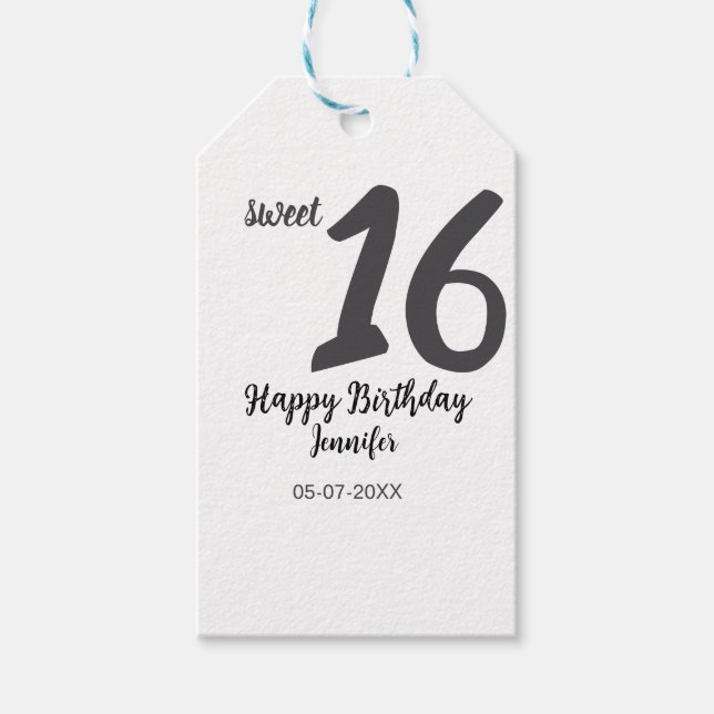 Étiquettes-cadeau 16e anniversaire ajouter nom date année noir modèl (Devant)