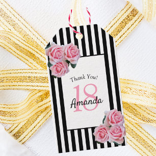 Étiquettes-cadeau 18e anniversaire florale rose rose rayures noires