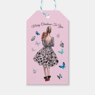 Étiquettes-cadeau 1950 Femme aux papillons Salutation de Noël