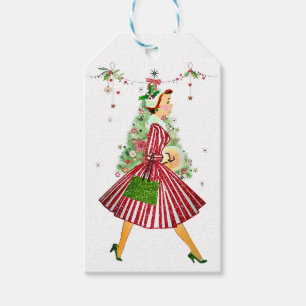 Étiquettes-cadeau 1950 Femme de Noël avec arbre de Noël