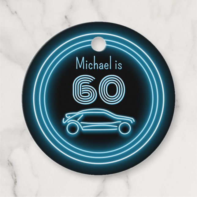 Étiquettes Cadeau 1980 Racing Car Black & Cyan Any Age Man's Party (Devant)