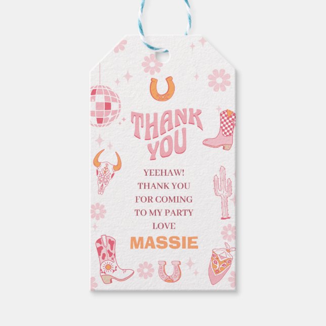 Étiquettes-cadeau 1er anniversaire de la première rodéo rose rétro (Devant)