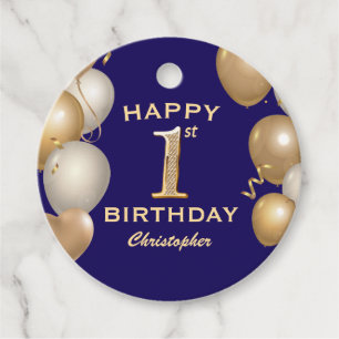 Étiquettes Cadeau 1er Anniversaire Marine Bleu et Ballons d'or