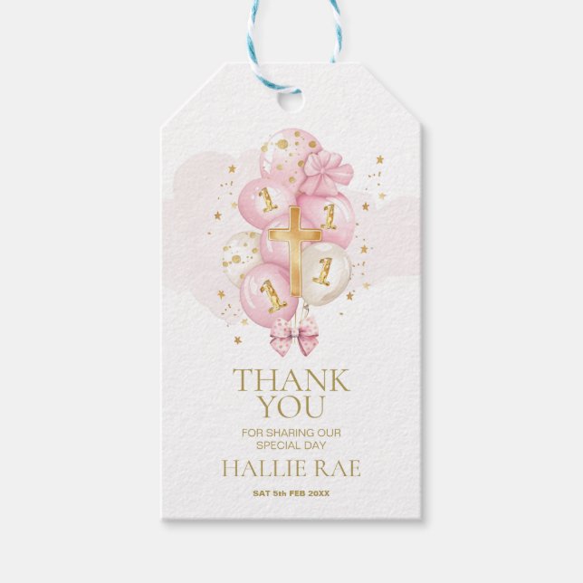 Étiquettes-cadeau 1er anniversaire rose et Merci du baptême Favorise (Devant)