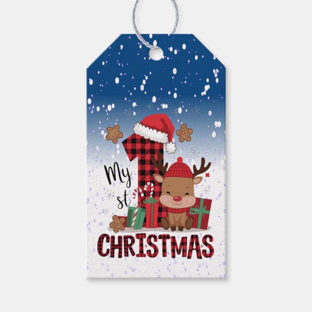 Étiquettes-cadeau 1er Noël Santa Hat White Neige Bébé Reindeer (Devant)