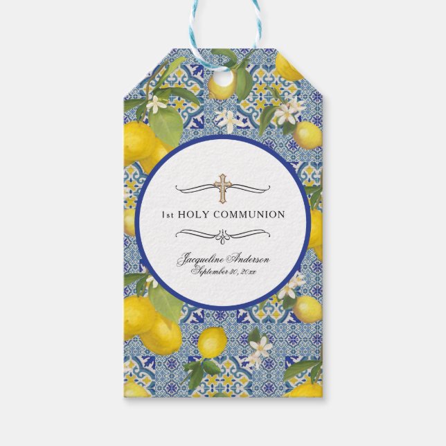 Étiquettes-cadeau 1ère Communion Citron Floral Citrus Bleu (Devant)