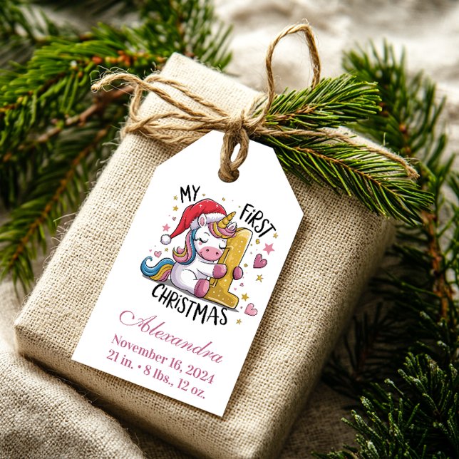 Étiquettes-cadeau 1st Baby Christmas  Pink Gold Unicorn (Créateur téléchargé)