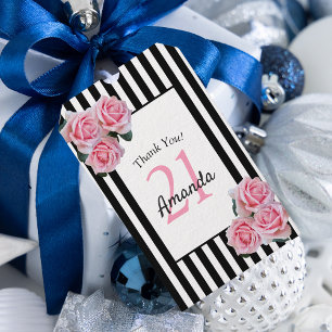 Étiquettes-cadeau 21e anniversaire flores roses noir blanc rayures