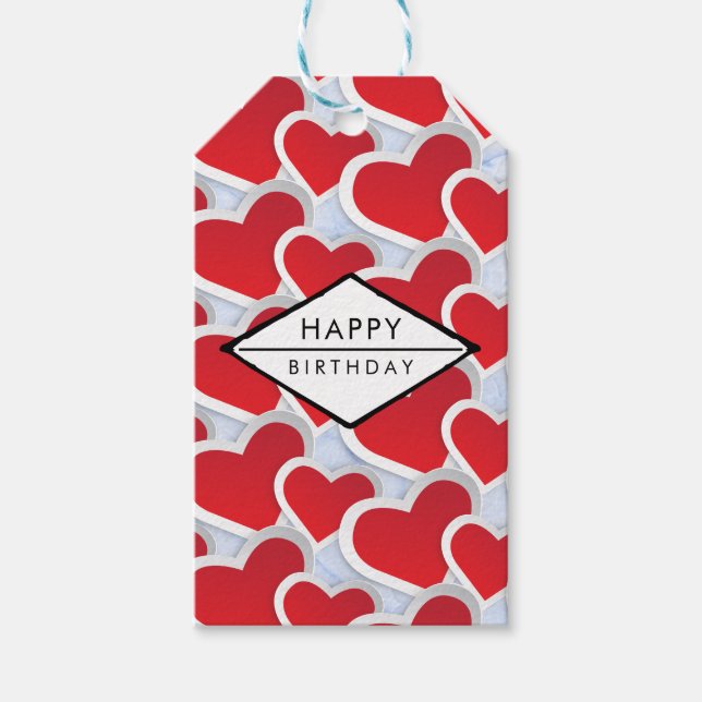 Étiquettes-cadeau 2 Coeurs rouges Répéter Motif mignon anniversaire (Devant)