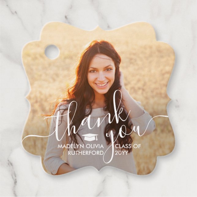 Étiquettes Cadeau 2 Remerciements de Diplôme Photo Écriture Blanche  (Devant)