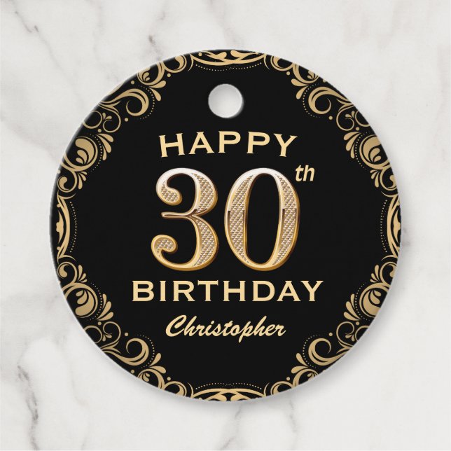 Étiquettes Cadeau 30e anniversaire Parties scintillant noir et or ca (Devant)