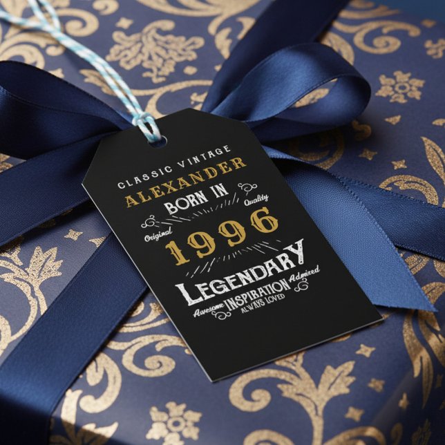 Étiquettes-cadeau 30th Birthday 1996 Add Name Legend Black Gold (Born 1996 birthday gift tag. Background blue bow and blue and gold wrapping paper.)