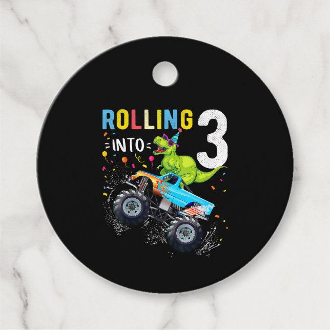 Étiquettes Cadeau 3 ans Anniversaire Dinosaur Monster Famille de cam (Devant)