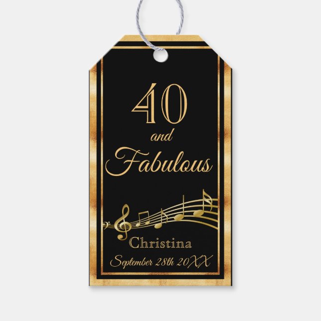 Étiquettes-cadeau 40 et notes de musique fabuleuses noir nom or (Devant)