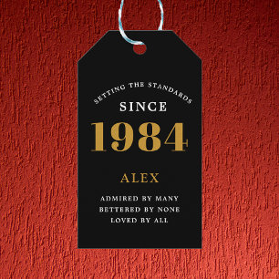 Étiquettes-cadeau 40e anniversaire Nom 1984 Black Gold Elegant Chic