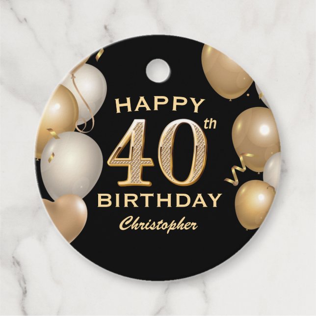 Étiquettes Cadeau 40e fête d'anniversaire Ballons noirs et or (Devant)