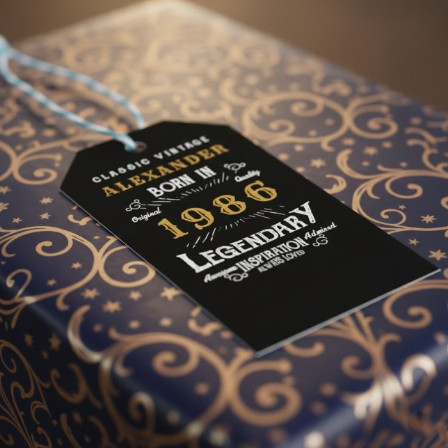 Étiquettes-cadeau 40th Birthday 1986 Add Name Legend Black Gold (Born 1986 birthday gift tag. Background is blue and gold wrapping paper.)
