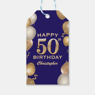 Étiquettes-cadeau 50e Anniversaire Marine Bleu et Ballons d'or