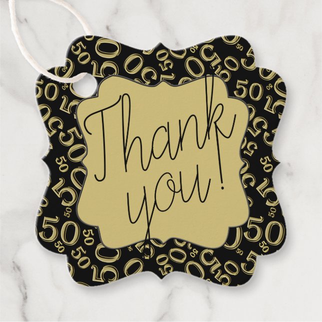 Étiquettes Cadeau 50e anniversaire Numéro Motif 50 Or et noir (Devant)