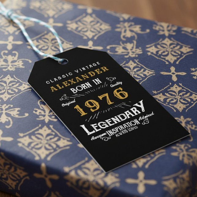 Étiquettes-cadeau 50th Birthday 1976 Add Name Legend Black Gold (Born 1976 birthday gift tag on blue and gold wrapping paper.)