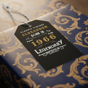 Étiquettes-cadeau 60e Anniversaire 1966 Ajouter Nom Légende Noir Or