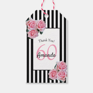 Étiquettes-cadeau 60e anniversaire florale rose sur bandes blanches