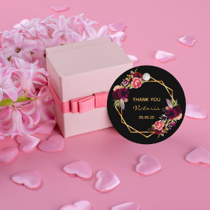 Étiquettes Cadeau 60e anniversaire noir floral or geo bordeaux nom