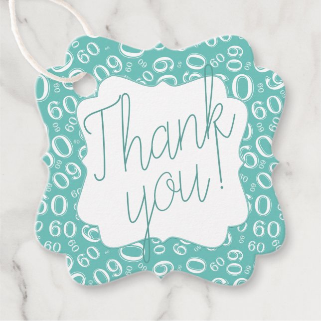 Étiquettes Cadeau 60e anniversaire Numéro 60 Motif Turquoise et blan (Devant)