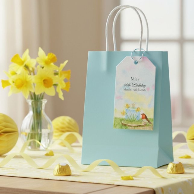 Étiquettes-cadeau 60e Anniversaire Robin avec Gâteau au Narcisse (Créateur téléchargé)