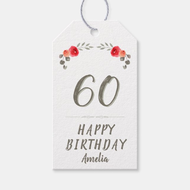 Étiquettes-cadeau 60e anniversaire Script Aquarelle Rose Floral (Devant)