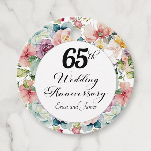 Étiquettes Cadeau 65e anniversaire de Mariage Élégant script floral (Devant)