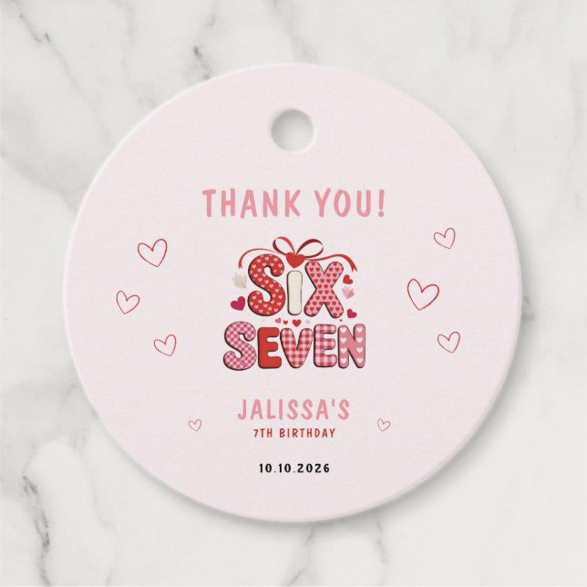 Étiquettes Cadeau 6 7 Birthday for Girls, Pink 7th Kids Party  (Devant)