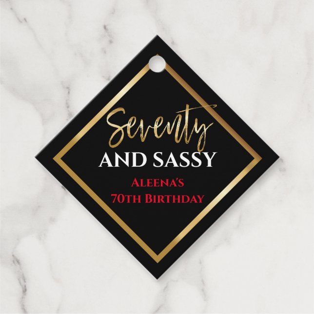 Étiquettes Cadeau 70 ET SASSY Anniversaire Black Gold Balise cadeau (Devant)