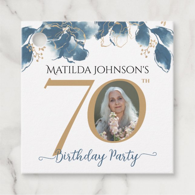 Étiquettes Cadeau 70e anniversaire Blue Gold Modern Floral Photo per (Devant)