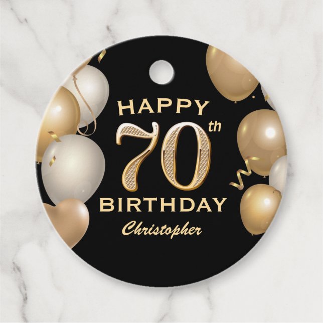 Étiquettes Cadeau 70e fête d'anniversaire Ballons noirs et or (Devant)
