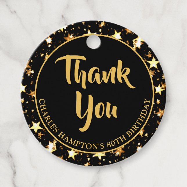 Étiquettes Cadeau 80e anniversaire Black Gold Stars MERCI (Devant)