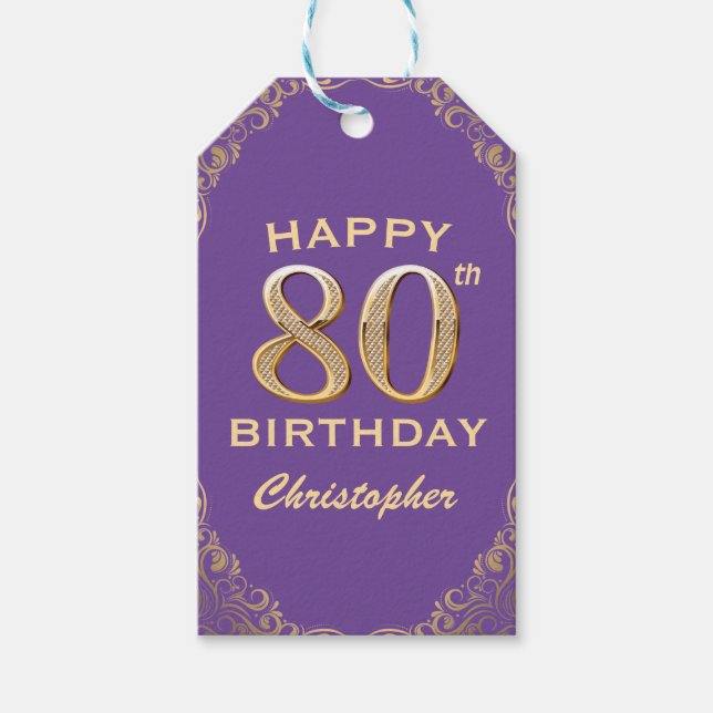 Étiquettes-cadeau 80e anniversaire fête violet et Parties scintillan (Devant)