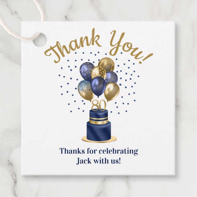 Étiquettes Cadeau 80e anniversaire Marine Blue Balloon Cake Merci (Devant)