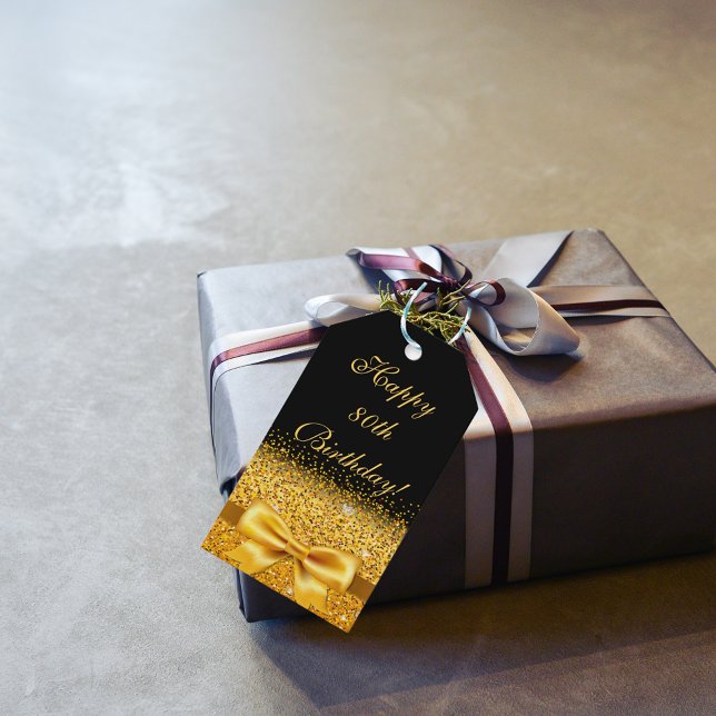 Étiquettes-cadeau 80e anniversaire noir or élégant (Créateur téléchargé)