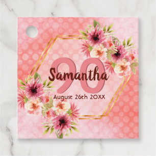 Étiquettes Cadeau 90e anniversaire corail or fleurs Merci