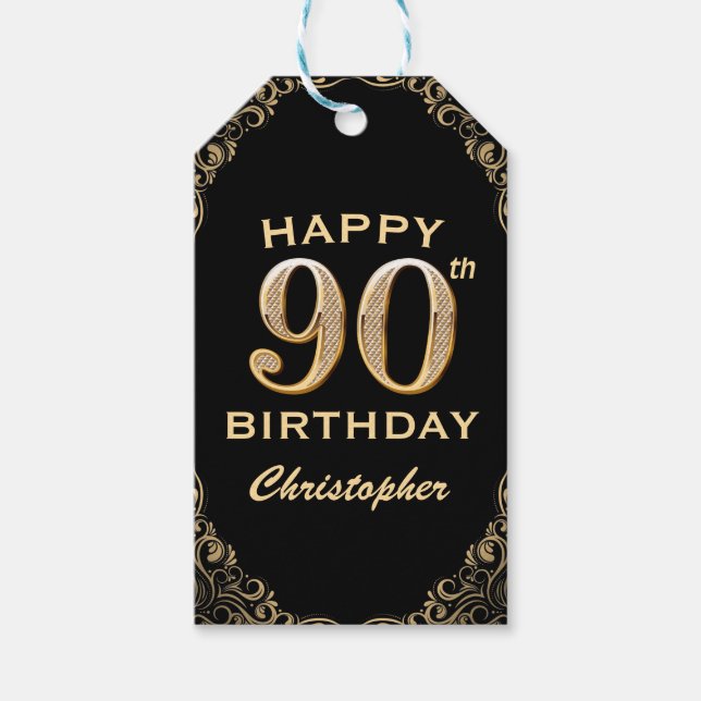 Étiquettes-cadeau 90e anniversaire de la Parties scintillant Black a (Devant)