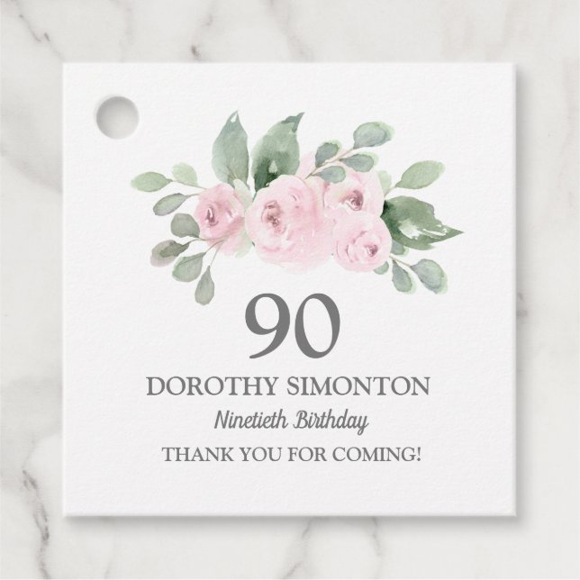 Étiquettes Cadeau 90e anniversaire fête rose Eucalyptus (Devant)