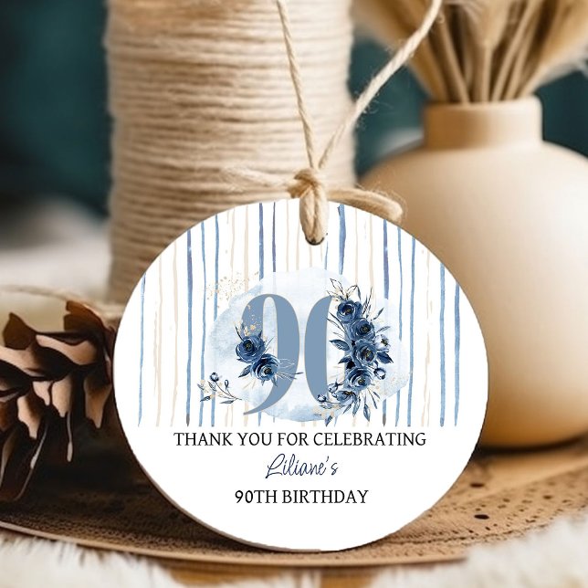 Étiquettes Cadeau 90e anniversaire Floral Numéro Côte Blue Party (90th Birthday Party Favor Tags from my Floral Number Birthday Party Collection)