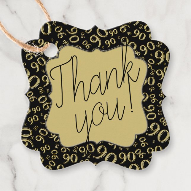 Étiquettes Cadeau 90e anniversaire Numéro 90 Motif Or et noir (Devant)