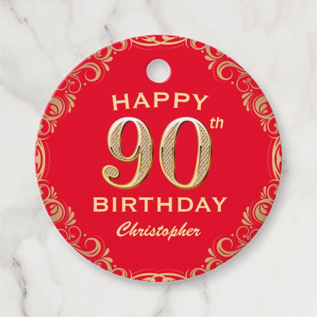 Étiquettes Cadeau 90e anniversaire Parties scintillant rouge et or (Devant)
