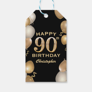 Étiquettes-cadeau 90e fête d'anniversaire Ballons noirs et or